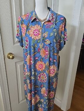 MSK BRAND WOMEN'S PLUS SIZE BLUE AND PINK FLORAL PULLOVER SUMMER DRESS SIZE 2X